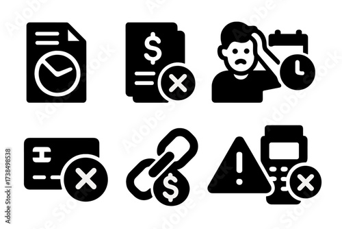 Poor Credit Icons. Solid, filled icon set of poor credit history: credit report, rejected loan, financial stress, payment overdue, blocked card, debt chain,
