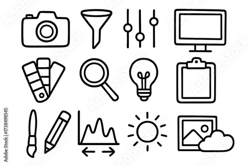 Hand-Drawn Design Elements. Hand-drawn doodle illustration filter preset camera, sliders, settings icon, computer screen, color palette, magnifying glass,