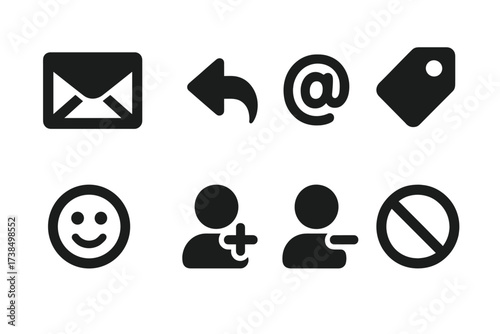 Social Media Icons Grid. Solid, filled icon set of social media interaction: direct message, reply, mention, tag, emoji, follow, unfollow, block. [Line icons