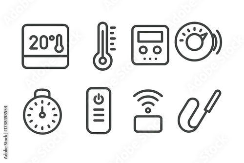 Heating Controls Icons. Outline icon set of heating controls: thermostat, temperature gauge, control panel, heat setting dial, timer, remote control, Wi-Fi