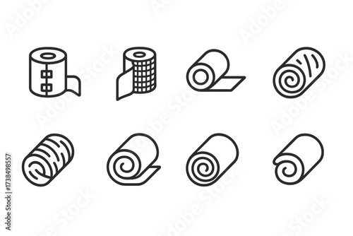 Rolled Health Icon Set. Outline icon set of rolled health items: rolled bandage, rolled gauze, rolled medical tape, rolled splint, rolled cast, rolled blanket,