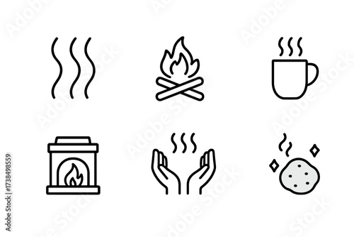 Steam and Warmth Icons. Outline icon set of steam and warmth: rising steam, fire pit, warm cup, heated stone, fireplace, thermal spring, warm hands, glowing