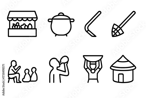 Ghana Daily Life Icons. Outline icon set of Ghanaian daily life: Market stall, Cooking pot, Farming hoe, Fishing net, Storytelling, Drinking palm wine,