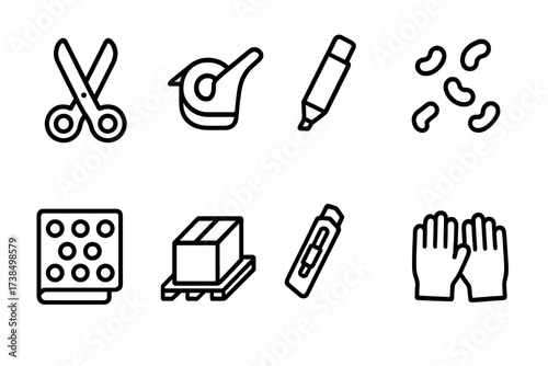 Packing and Shipping Icons. Outline icon set of packing tools: scissors, tape dispenser, marker, packing peanuts, bubble wrap, cardboard sheets, box cutter,