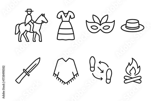Argentinian Tradition Icons. Outline icon set of Argentinian traditions: gaucho on horse, folk costume, festival mask, traditional hat, knife (facon), poncho,