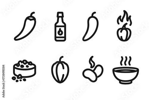 Spicy Beans Icons. Solid, filled icon set of spicy beans: chili pepper, hot sauce bottle, jalapeno, cayenne pepper, red pepper flakes, habanero, smoky beans,
