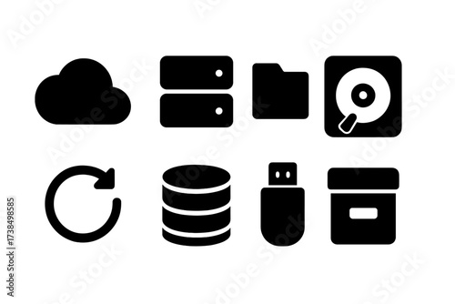 Content Storage Icons. Solid, filled icon set of content storage: cloud, server, folder, hard drive, backup, database, USB, archive. [Line icons in only black