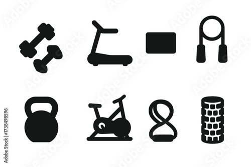 Wellness Equipment Icons. Solid, filled icon set of wellness exercise equipment: dumbbells, treadmill, yoga block, jump rope, kettlebell, exercise bike,