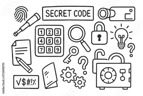 Secret Code Doodle. Hand-drawn doodle illustration secret code keypad, numbers, lock, key, encrypted message, magnifying glass, paper, pencil, spyglass,