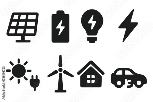 Solar Icons Grid. Solid, filled icon set of solar energy: solar panel, battery charge, light bulb, energy bolt, sun with plug, wind turbine, house with solar