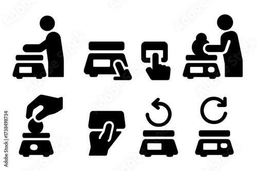 Scale User Icons. Solid, filled icon set of scale user actions: weighing, taring, zeroing, reading display, pressing button, placing object, lifting scale,