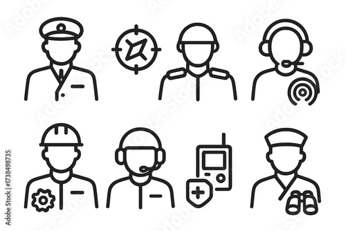 Destroyer Crew Icons. Outline icon set of destroyer crew roles: captain, navigator, gunner, sonar operator, engineer, communications officer, medic, lookout.
