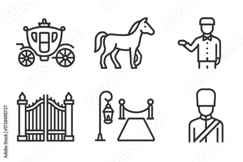 Outline Palace Icons. Outline icon set of palace transportation and arrival: royal carriage, horse, grand staircase, valet, red carpet, gate, lantern, guard.