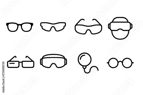 Reading Accessories Icons. Outline icon set of reading accessories: glasses case, cleaning cloth, lens spray, glasses chain, nose pads, eyeglass screwdriver,