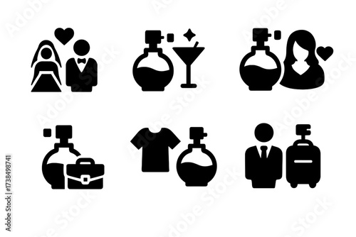 Perfume Occasion Icons. Solid, filled icon set of perfume occasions: wedding, party, date night, office, casual, formal event, gift, travel. Solid, filled