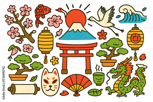 Japanese Culture Symbols. Japanese Art. Colorful Hand-drawn doodle Children illustration cherry blossom, koi fish, crane, wave, Mount Fuji, lantern, torii