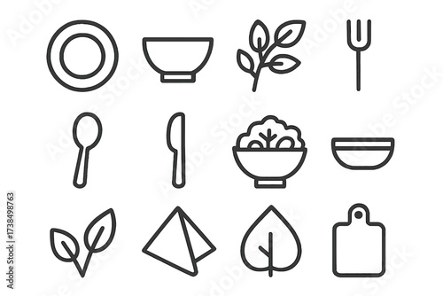 Serving Icon Set. Serving ideas. Line icon set of Serving ideas: plate, bowl, garnish, fork, spoon, knife, salad, dipping sauce, platter, decorative leaves,