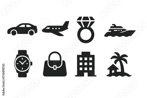 Luxury Asset Icons. Solid, filled icon set of luxury assets: sports car, private jet, diamond ring, yacht, luxury watch, designer bag, penthouse apartment,