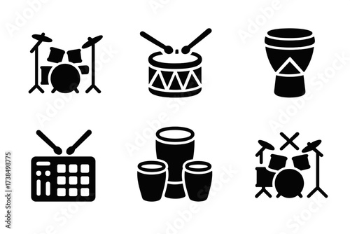 Diverse Drum Icons. Solid, filled icon set of drum styles and genres: rock drumming, jazz drumming, marching band drum, tribal drum, electronic drum pad, drum