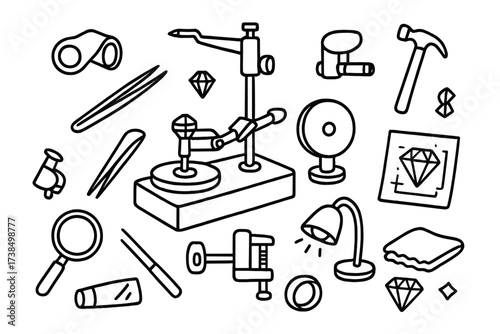 Lapidary Tools Doodle. Hand-drawn doodle illustration lapidary tools faceting machine, polishing wheel, loupe, cutting tool, tweezers, magnifying glass,