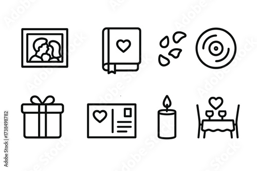 First Kiss Icons. Outline icon set of first kiss memories: photo frame, diary, flower petals, music record, gift box, postcard, candlelight, romantic dinner.