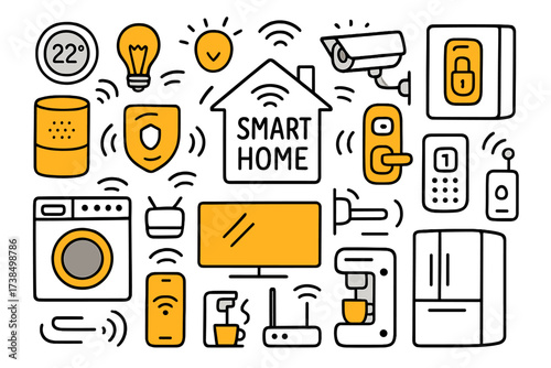 Smart Home Doodles. Smart home. Hand-drawn doodle illustration smart home smart speaker colored, thermostat, light bulb colored, security camera, washing