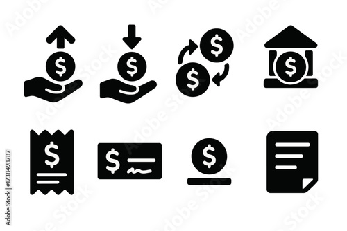 Financial Icon Set. Solid, filled icon set of financial transactions: deposit, withdrawal, money transfer, account balance, transaction receipt, check deposit,