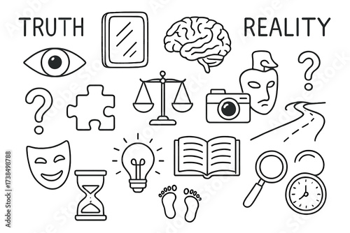 Symbols of Reality. Hand-drawn doodle illustration truth and reality mirror, eye, brain, question mark, puzzle piece, scale, camera, mask, light bulb, open