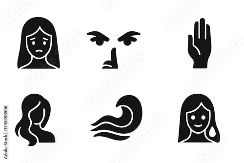 Rusalka Emotion Icons. Solid, filled icon set of rusalka emotions and traits: sorrowful face, mysterious eyes, whispering lips, gentle hand, flowing hair, calm