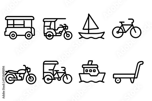 Southeast Asian Icon Sets. Outline icon set of Indonesian daily life: market stall, woven basket, cooking fire, traditional house, water jar, fishing net,