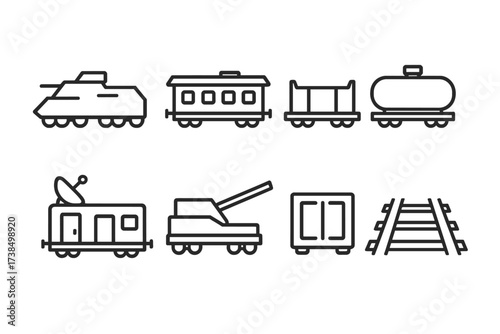 Military Train Icons. Outline icon set of military train: armored locomotive, troop carriage, cargo wagon, fuel tanker, communication car, artillery wagon,