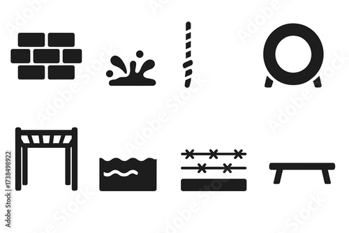 Obstacle Course Icons. Solid, filled icon set of obstacle types: wall, mud pit, rope climb, tire hurdle, monkey bars, water jump, barbed wire crawl, balance