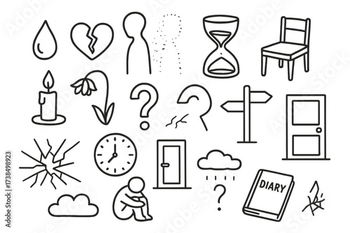 Contemplating Loss Symbols. Hand-drawn doodle illustration contemplating loss and future unknown teardrop, broken heart, fading shadow, hourglass, empty chair,