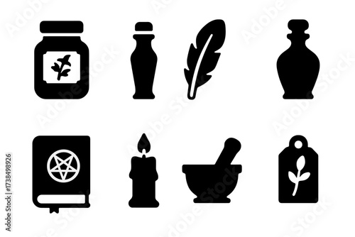 Gothic Apothecary Icons. Solid, filled icon set of gothic apothecary items: wolfsbane jar, dark vial, raven feather, antique bottle, spellbook, black candle,