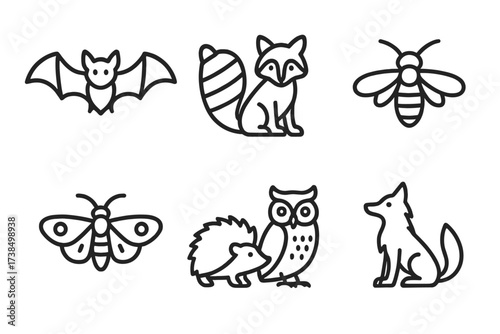 Nocturnal Animals Icon Set. Outline icon set of nocturnal animals: bat, raccoon, fox, firefly, moth, hedgehog, owl, wolf. [Line icons in only black color,
