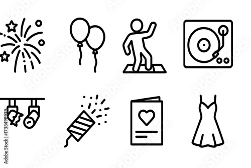 Champagne Celebration Icons. Outline icon set of champagne celebrations: fireworks, party balloons, dance floor, DJ turntable, stage lights, confetti cannon,