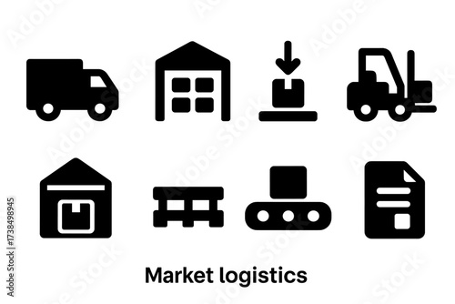 Market Logistics Icons. Solid, filled icon set of market logistics: delivery truck, warehouse, loading dock, forklift, shipping box, pallet, conveyor belt,