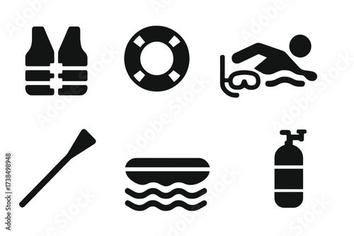 Water Rescue Icons. Solid, filled icon set of water rescue: life jacket, rescue buoy, diving mask, rescue swimmer, boat paddle, lifeboat, wave symbol, oxygen