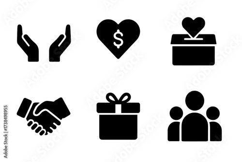 Charity Aid Icons. Solid, filled icon set of charity aid: helping hands, heart with dollar, donation box, food basket, handshake, gift box,