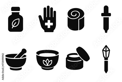 Healer Tools Icons. Solid, filled icon set of healer tools: herbal bottle, healing hand, bandage roll, tincture dropper, mortar and pestle, sacred bowl, salve