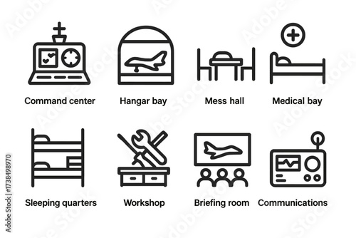 Aircraft Carrier Icons. Outline icon set of aircraft carrier onboard facilities: command center, hangar bay, mess hall, medical bay, sleeping quarters,