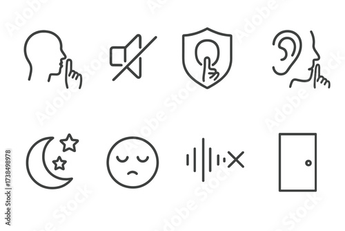 Silent Signal Icons. Outline icon set of silent signals: finger on lips, no sound symbol, quiet zone sign, ear with hush gesture, moon and stars for night