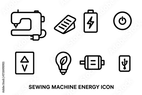 Sewing Machine Energy Icons. Outline icon set of sewing machine energy: power cord, foot pedal, rechargeable battery, power switch, voltage indicator, energy