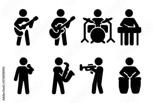 Jam Session Icons. Solid, filled icon set of jam session musicians: guitarist, bassist, drummer, keyboardist, vocalist, saxophonist, trumpeter, percussionist.