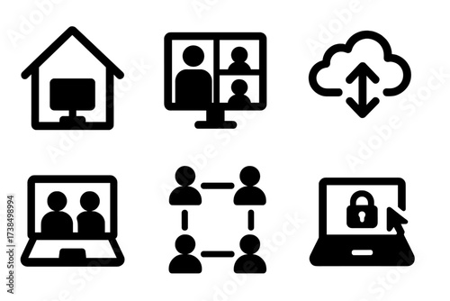 Remote Work Icons. Solid, filled icon set of remote team concepts: home office, video conference, cloud sharing, remote access, virtual meeting, online