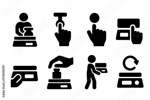Scale User Icons. Solid, filled icon set of scale user actions: weighing, taring, zeroing, reading display, pressing button, placing object, lifting scale,