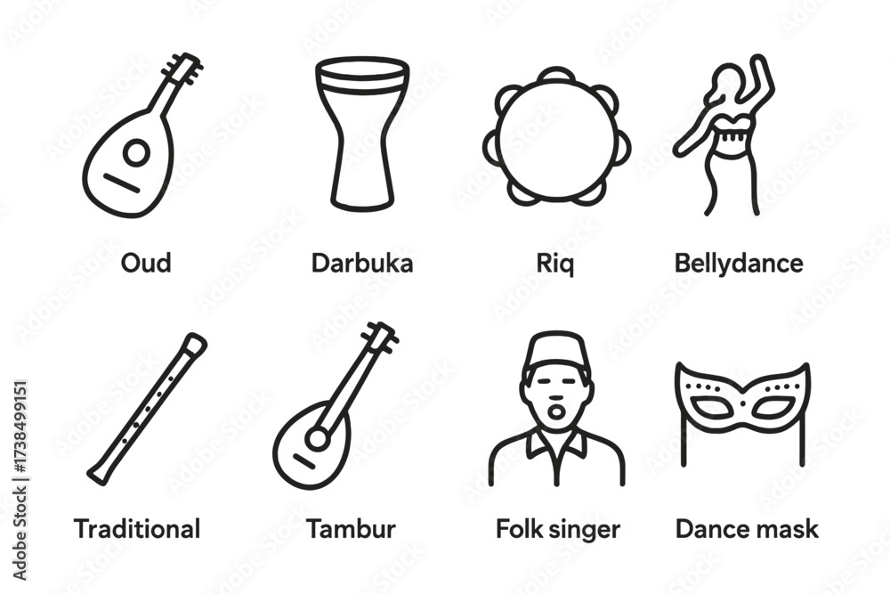 Obraz premium Egyptian Music Icons. Outline icon set of Egyptian music and dance: Oud, Darbuka drum, Riq tambourine, Belly dance, Traditional flute, Taar, Folk singer, Dance