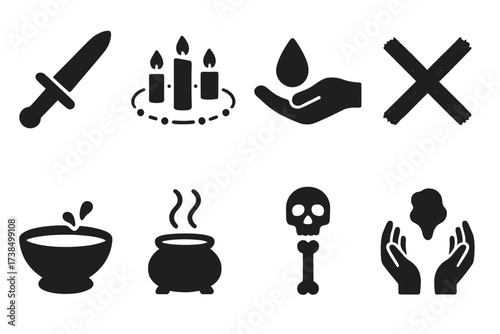 Dark Ritual Icons. Solid, filled icon set of dark rituals: ritual dagger, candle circle, blood offering, chalked rune, sacrificial bowl, incense smoke, bone