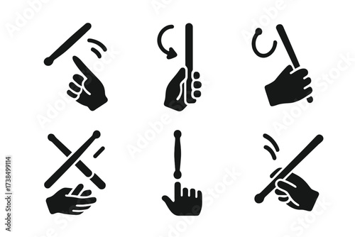 Performance Stick Icon Set. Solid, filled icon set of performance stick tricks: stick toss, stick flip, stick spin, stick juggling, stick balance, stick roll,