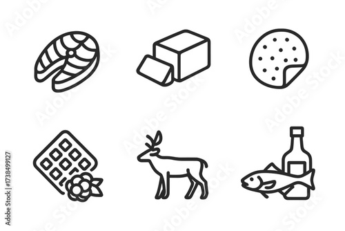 Norwegian Cuisine Icons. Outline icon set of Norwegian cuisine: salmon fillet, brown cheese, lefse, waffles, cloudberries, cod fish, reindeer meat, aquavit